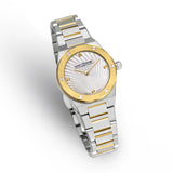 Silver-toned watch with a gold-toned bezel, white mother-of-pearl dial with a fan pattern, gold-toned markers, and a two-tone