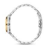 Side view of a watch with a gold-toned bezel, silver-toned case, and gold-toned 'MSM' crown. Silver-toned metal link bracelet