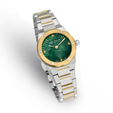Two-toned silver and gold-toned watch with a green fan-pattern dial and gold-toned markers. The link bracelet is also two-ton