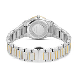 Back of a silver-toned watch with a gold-toned crown and a two-toned metal bracelet featuring silver-toned outer links and go