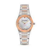 Silver and rose gold-toned watch with an octagonal bezel, white mother-of-pearl dial with a fan pattern, and a two-tone link