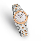Two-toned watch with silver-toned case, rose gold-toned bezel with screws, white mother-of-pearl fan dial, and two-toned meta