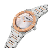Silver-toned watch with rose gold-toned bezel, white mother-of-pearl fan pattern dial, and two-toned metal link bracelet.