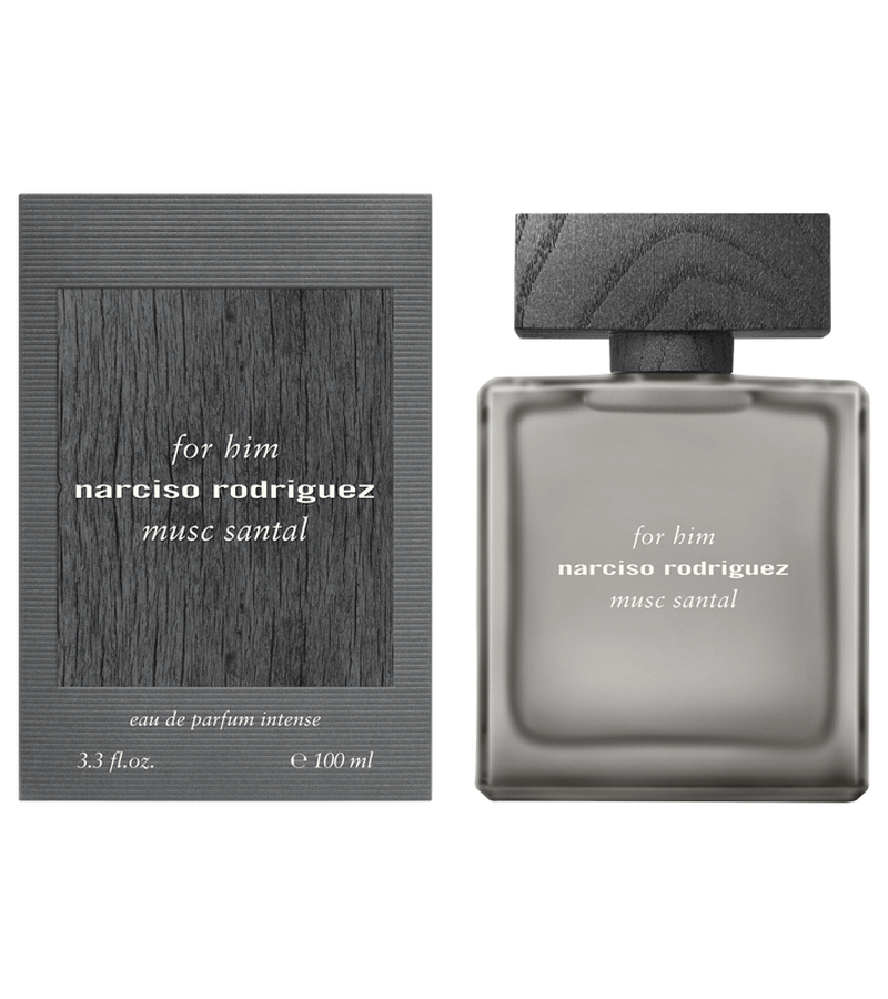 The Narciso Rodriguez For Him Musc Santal 100ml Eau de Parfum Intense bottle shown alongside its grey outer packaging, which features a matching dark wood-grain central panel and clean white typography.