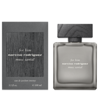 The Narciso Rodriguez For Him Musc Santal 100ml Eau de Parfum Intense bottle shown alongside its grey outer packaging, which features a matching dark wood-grain central panel and clean white typography.