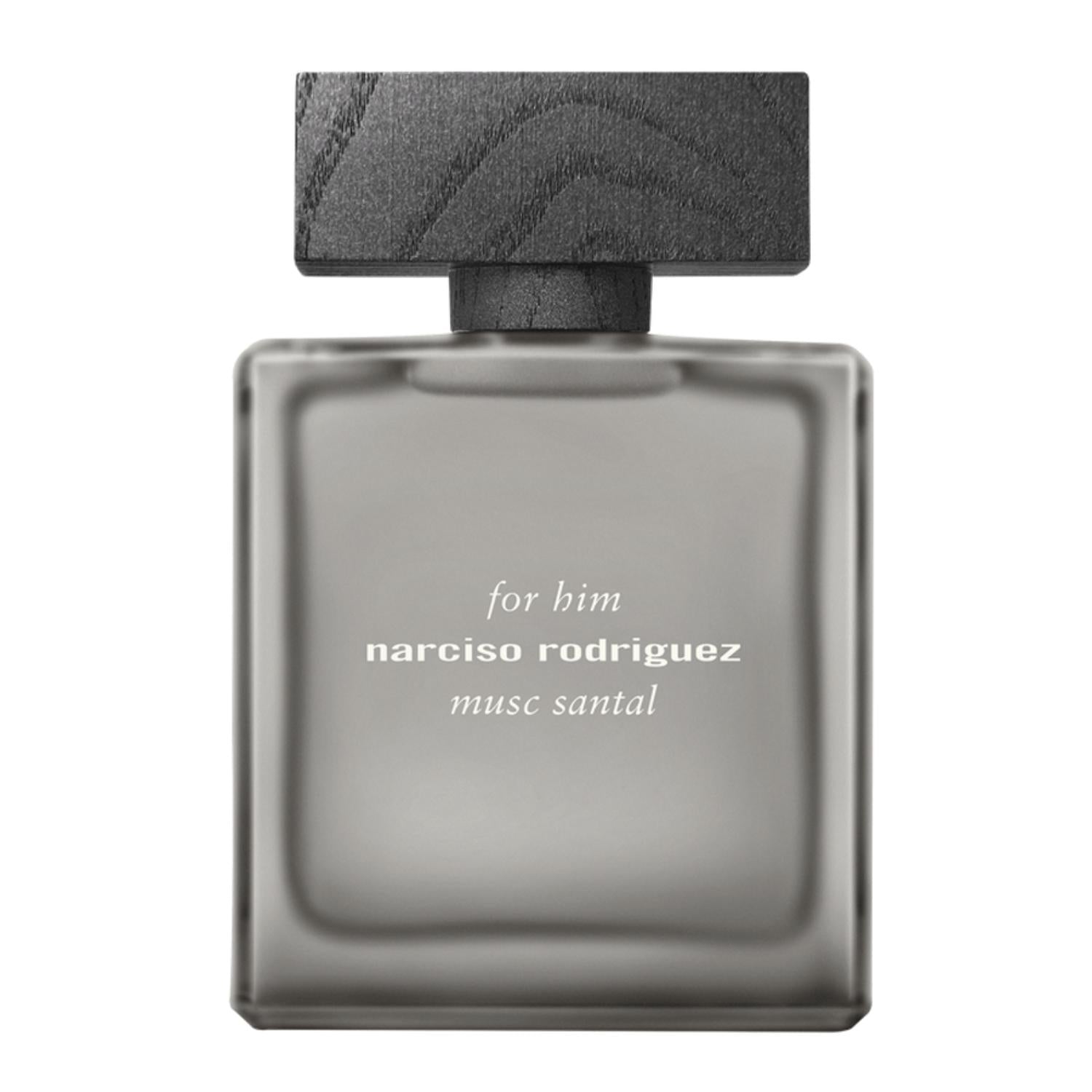 A front-facing view of the Narciso Rodriguez "For Him Musc Santal" fragrance bottle, featuring a minimalist frosted grey glass design with a rectangular silhouette and a dark, wood-textured block cap.