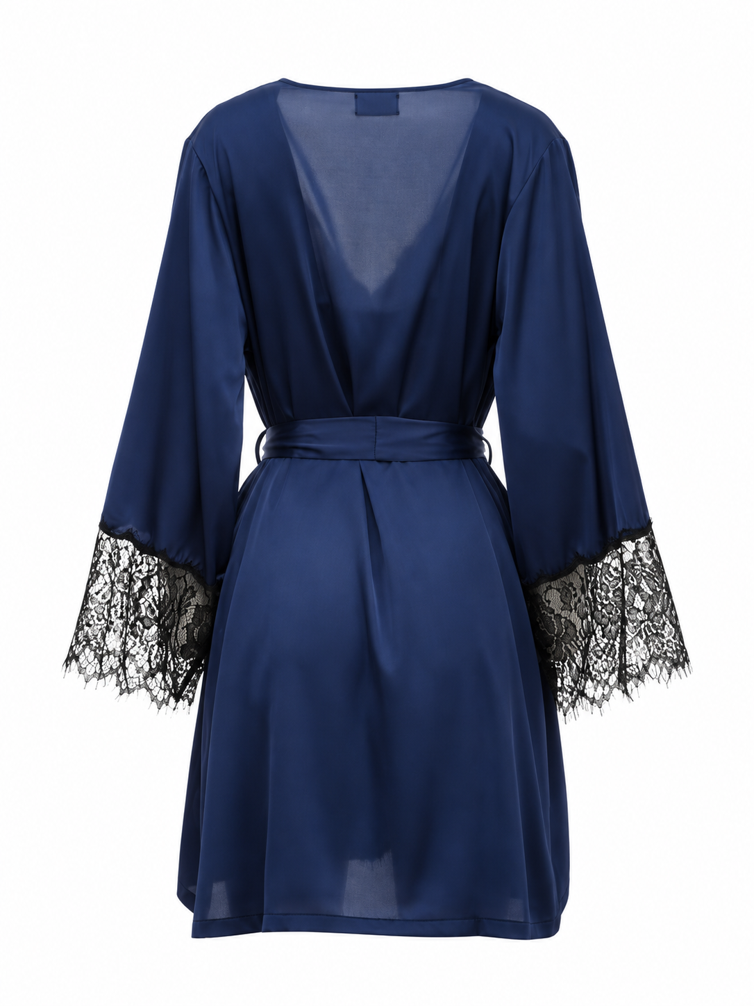 Navy blue satin short robe with a V-neck back, long sleeves, black eyelash lace cuffs, and a matching tie belt.
