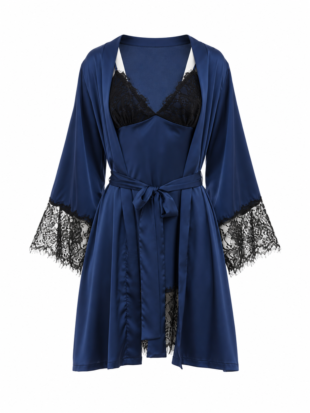 Navy blue silky satin short robe with black eyelash lace cuffs and a matching navy blue camisole with black lace trim.