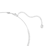 A close-up view of the Ariana Grande x Swarovski necklace closure, showing the secure rhodium-plated lobster clasp, the adjustable extender chain, and the crystal-embellished octagonal logo tag.