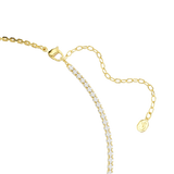 A detailed product close-up of the Swarovski Matrix necklace closure, displaying the polished 18K gold-plated lobster clasp, the open-link extender chain, and the hanging octagonal swan tag.
