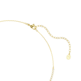 A detailed product close-up of the Swarovski Mesmera necklace closure, displaying the polished 18K gold-plated lobster clasp, the open-link extender chain, and the dangling octagonal swan tag.