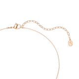 A close-up view of the Swarovski Mesmera necklace closure, showing the secure rose gold-plated lobster clasp, the adjustable chain links, and the hanging octagonal swan logo tag.