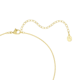 A close-up view of the Swarovski Mesmera necklace closure, displaying the polished 18K gold-plated lobster clasp, the adjustable extender link chain, and the signature octagonal swan logo charm.