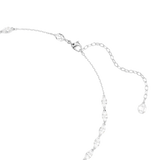 A close-up view of the Swarovski Vienna necklace closure, showing the polished rhodium-plated lobster clasp, the adjustable extender chain, and the signature octagonal brand logo tag.