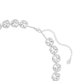 A detailed close-up view of the Swarovski Una Angelic necklace closure, displaying the polished rhodium-plated lobster clasp, the adjustable link extender, and the signature hanging octagonal swan charm.