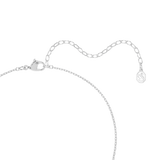 A close-up view of the Swarovski Matrix necklace closure, displaying the polished rhodium-plated lobster clasp, the adjustable extender link chain, and the signature octagonal swan logo charm.