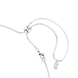 A close-up view of the Swarovski Matrix adjustable closure, highlighting the high-shine rhodium-plated lobster clasp, the spherical bolo slider bead, and the hanging octagonal swan logo charm.