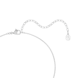 A product close-up of the Swarovski Una Angelic necklace closure, showcasing the polished rhodium-plated lobster clasp, the fine link extender chain, and the octagonal swan logo tag.