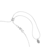 A close-up view of the Swarovski Mesmera adjustable closure, showing the smooth rhodium-plated lobster clasp, the spherical bolo slider bead, and the octagonal swan logo charm.