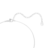A close-up view of the Swarovski Una Angelic necklace closure, displaying the polished rhodium-plated lobster clasp, adjustable extension chain, and the signature octagonal swan logo tag.