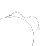 A detailed view of the Swarovski Chroma necklace closure, showing the polished rhodium-plated lobster clasp, adjustable extender chain, and the hanging octagonal swan logo tag.