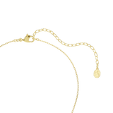 A detailed product close-up of the Swarovski Magic necklace closure, showcasing the 18K gold finish lobster clasp, the adjustable link extender chain, and the hanging octagonal swan logo tag.