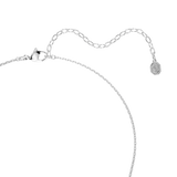 A close-up view of the Swarovski Mesmera necklace closure, displaying the polished rhodium-plated lobster clasp, adjustable link extender chain, and signature octagonal swan logo tag.