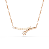 A close-up view of the Swarovski Matrix necklace closure, displaying the 18K rose gold-plated lobster clasp, adjustable link extender chain, and the signature octagonal swan logo tag.