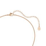 A precise product close-up of the Swarovski Sublima necklace closure, showing the 18K rose gold finish lobster clasp, the adjustable extender link chain, and the hanging octagonal swan logo tag.