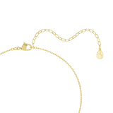 A detailed product close-up of the Swarovski Una Angelic necklace closure, showcasing the 18K gold-plated lobster clasp, the fine link extender chain, and the dangling octagonal swan tag.
