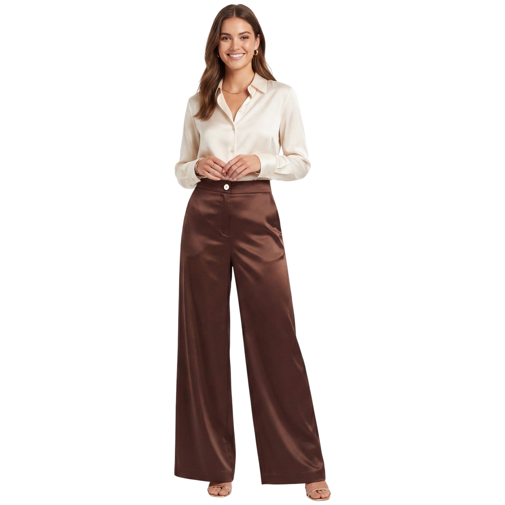 Nenette high-waisted, wide-leg trousers in a smooth chocolate brown satin fabric, featuring a clean waistline with a single front button closure.