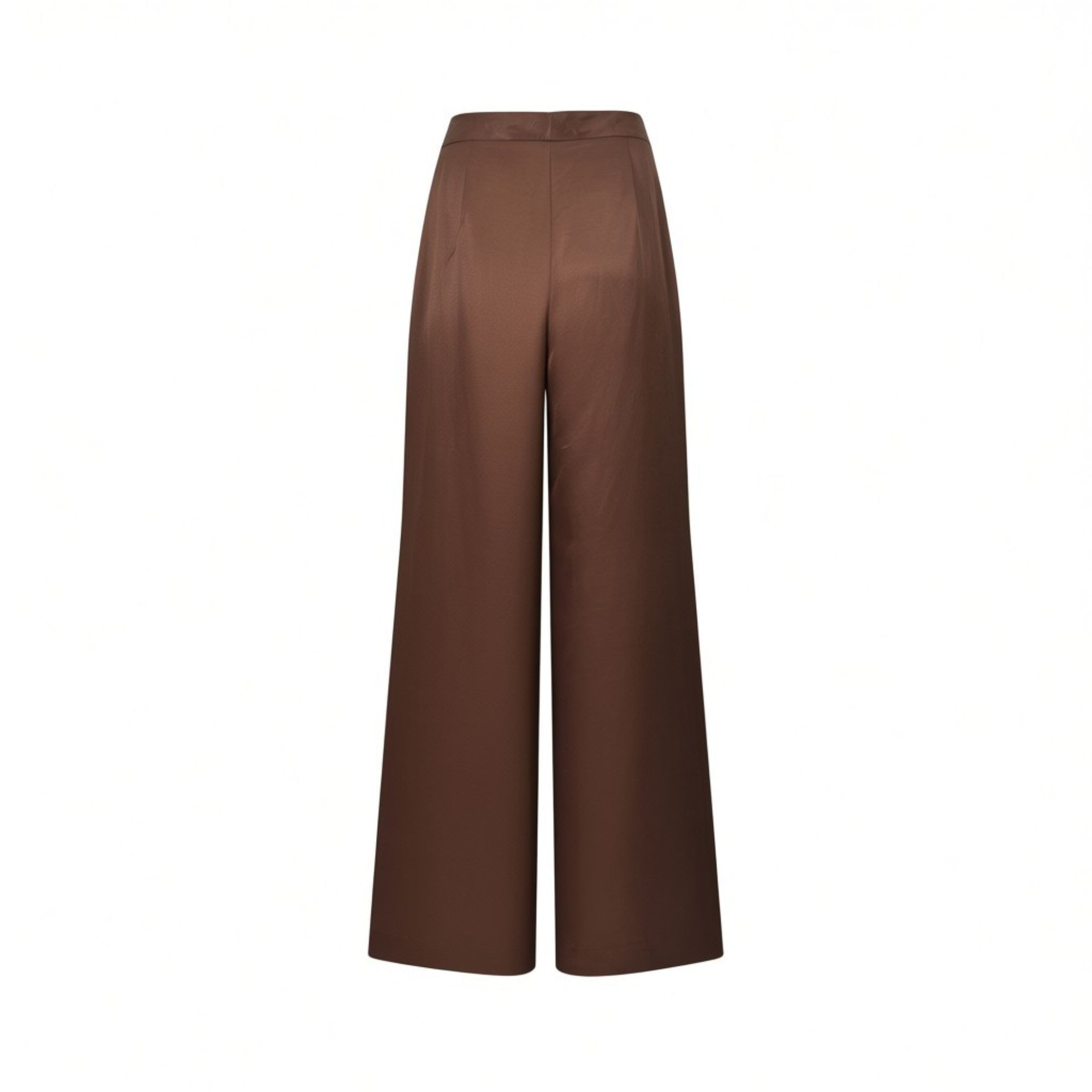 Back view of Nenette wide-leg satin trousers in chocolate brown, highlighting the smooth high-rise waistband, structured rear darts, and fluid, flowing fit.