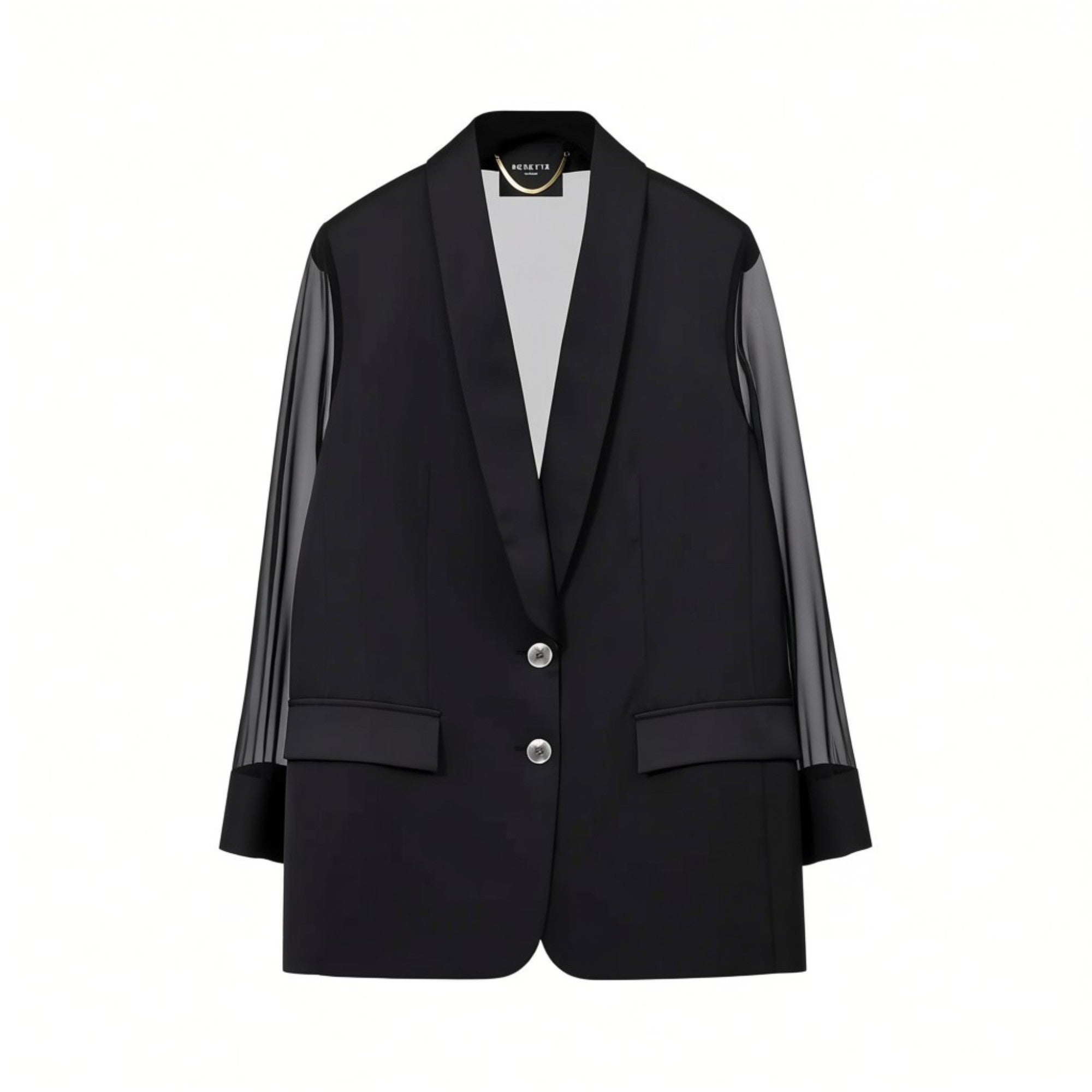 Front studio view of a black Nenette blazer with long, semi-sheer plissé sleeves, a satin shawl lapel, and two front buttons against a solid white background.