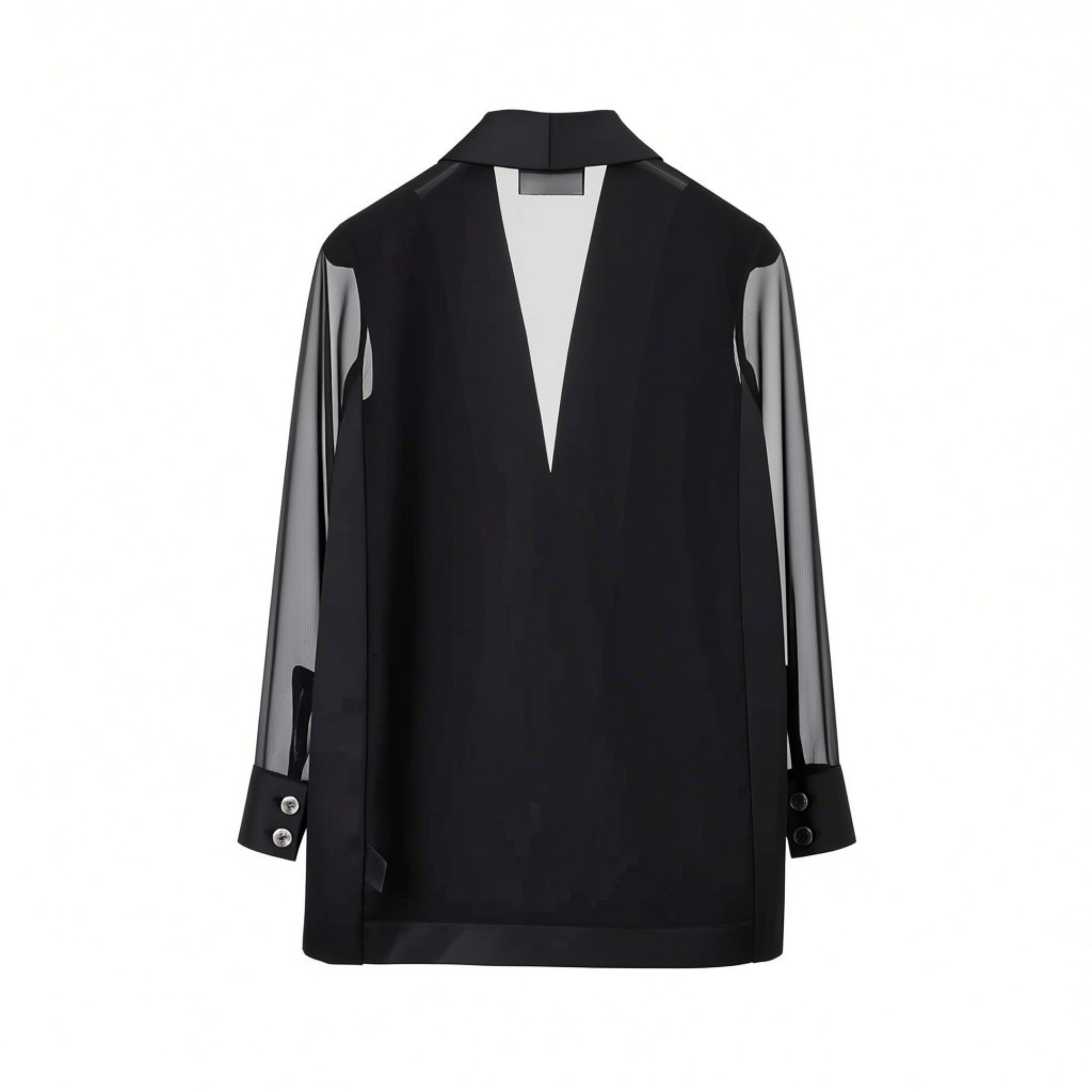 Back studio view of the black Nenette blazer showcasing the solid lower torso and a prominent semi-sheer mesh panel forming a V-shape on the upper back.