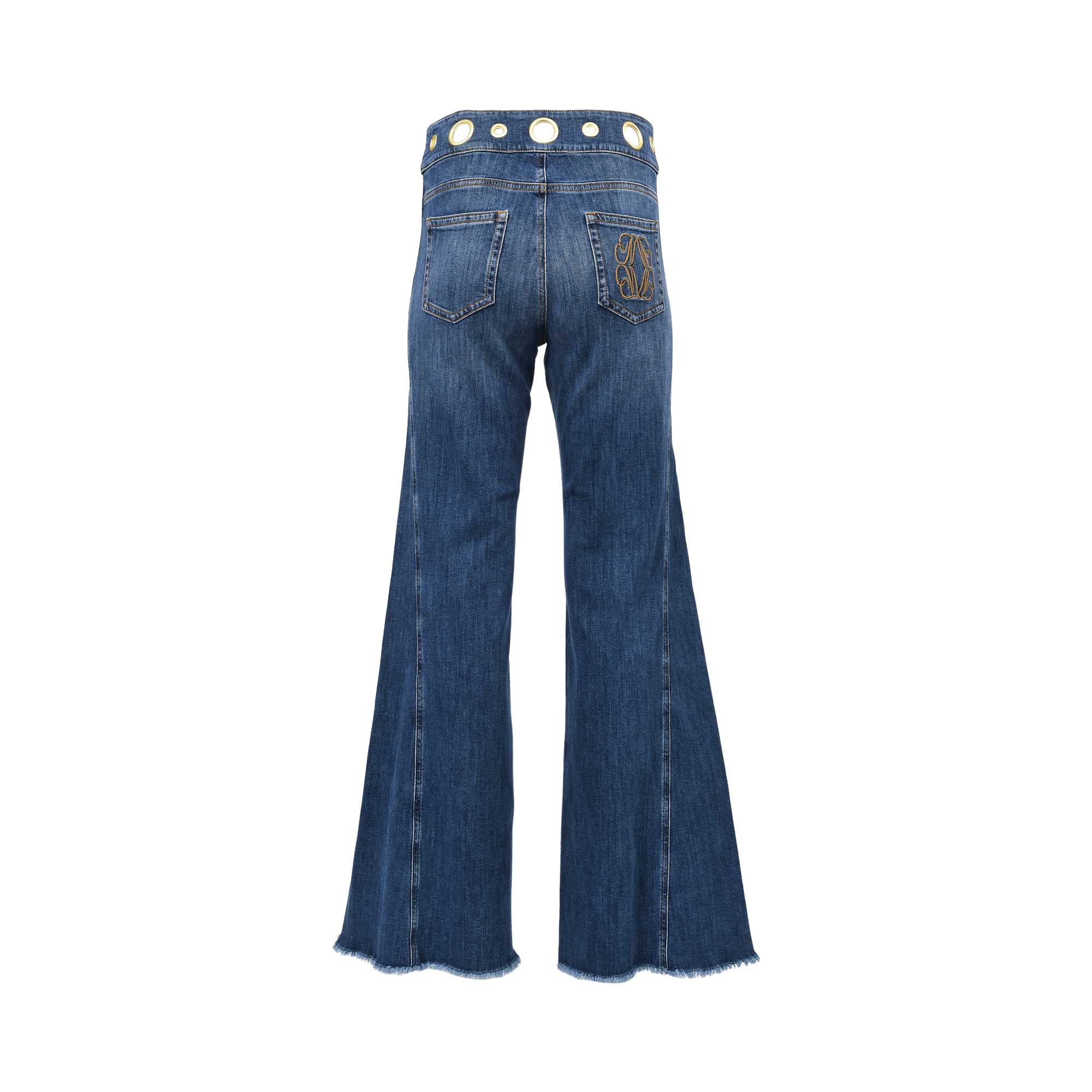 Back studio view of the Nenette denim jeans, highlighting the gold-grommet waistband, classic pockets, and gold embroidered logo on the right pocket.