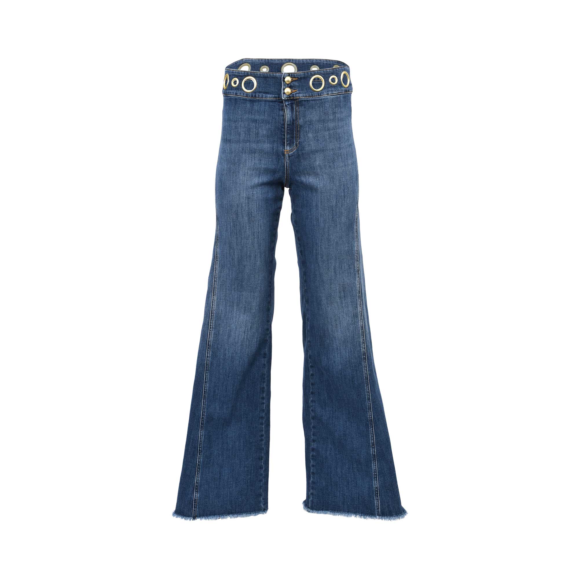 Front studio view of Nenette mid-wash blue wide-leg jeans showcasing a high-rise waist accented with large gold grommets against a plain white background.