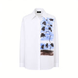 Front studio view of a white long-sleeve Nenette button-down shirt featuring an artistic blue, brown, and black floral print panel on the left side against a white background.