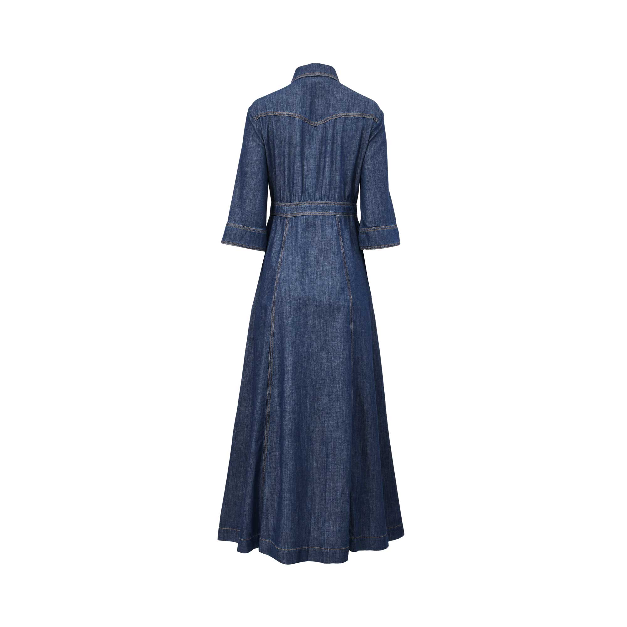 Back studio view of the Nenette dark blue denim maxi shirt dress, showcasing its tailored waistband, western-inspired shoulder yoke, and flared A-line silhouette.