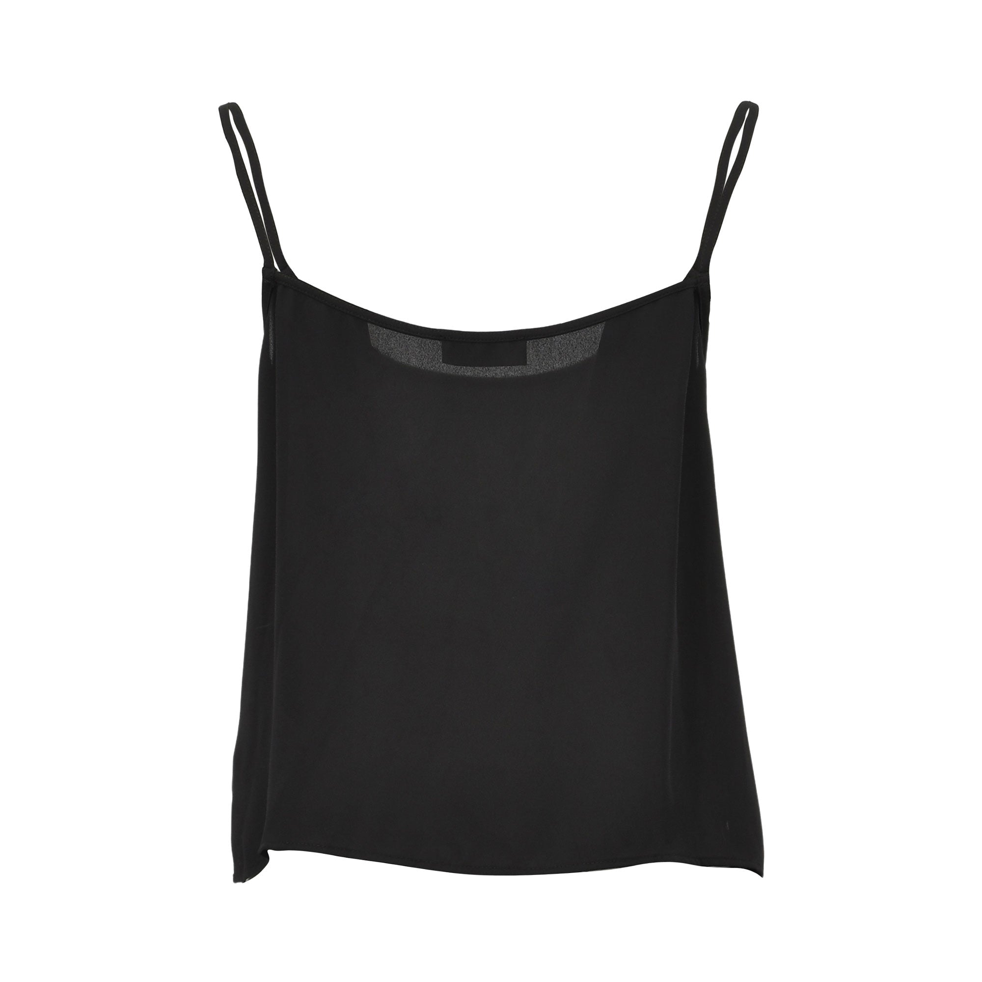 Back studio view of the black Nenette camisole top, showcasing its clean, unembellished solid black fabric and delicate double spaghetti straps.