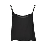 Back studio view of the black Nenette camisole top, showcasing its clean, unembellished solid black fabric and delicate double spaghetti straps.