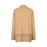 Rear view of the Nenette camel faux suede jacket showing the smooth back construction and the intricate laser-cut open-work pattern continuing along the lower hem against a white background.