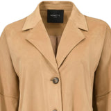 Close-up shot of the Nenette camel faux suede jacket focusing on the notched lapel collar, interior black brand label, top tortoiseshell button, and soft fabric texture.