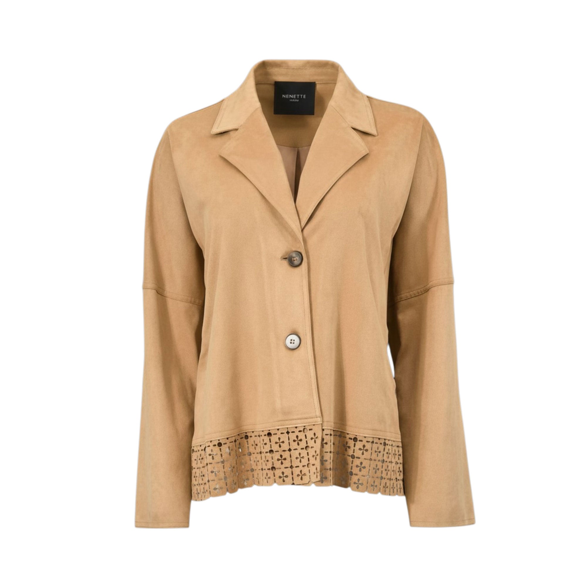 Front view of a camel-colored Nenette faux suede jacket featuring notched lapels, two front buttons, dropped shoulder seams, and a detailed laser-cut geometric hem against a white background.