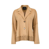 Front view of a camel-colored Nenette faux suede jacket featuring notched lapels, two front buttons, dropped shoulder seams, and a detailed laser-cut geometric hem against a white background.