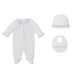 Kissy Kissy Kids New Born Girl's White & Pink Set of Sleepsuit & Bib & Hat