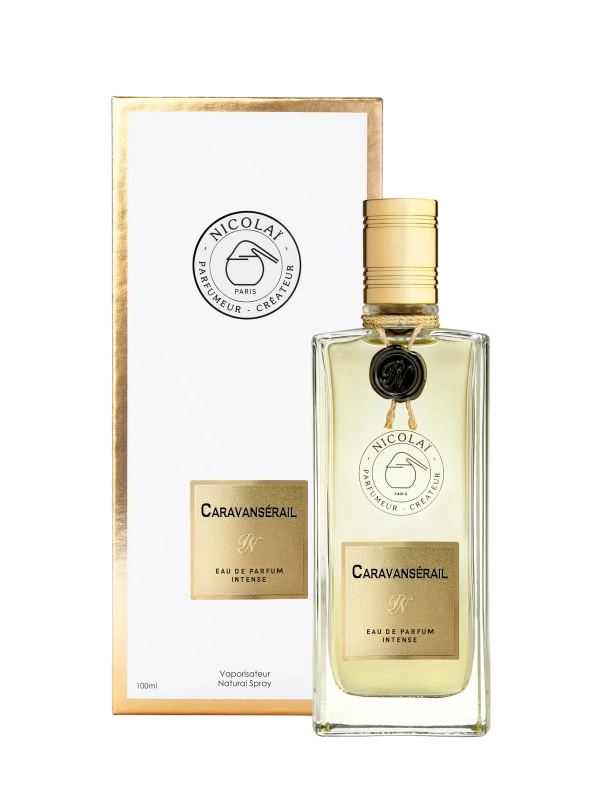 A 100ml clear glass bottle of Nicolai Caravansérail Intense Eau de Parfum. The bottle is adorned with a gold label, a gold-tone cap, and a signature black wax seal at the neck.
