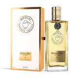 The Nicolaï Number One Intense perfume bottle standing next to its elegant white and gold-bordered presentation box on a white background.