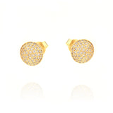 Pair of gold-toned domed stud earrings, each entirely covered with small clear pavé-set stones.