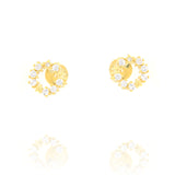 Pair of gold-toned open circular stud earrings, each adorned with small, clear, round faceted stones set along the curve.