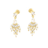 Pair of gold-toned drop earrings with clear faceted stones, featuring a round stud, a pear-shaped drop, and a fanned cluster